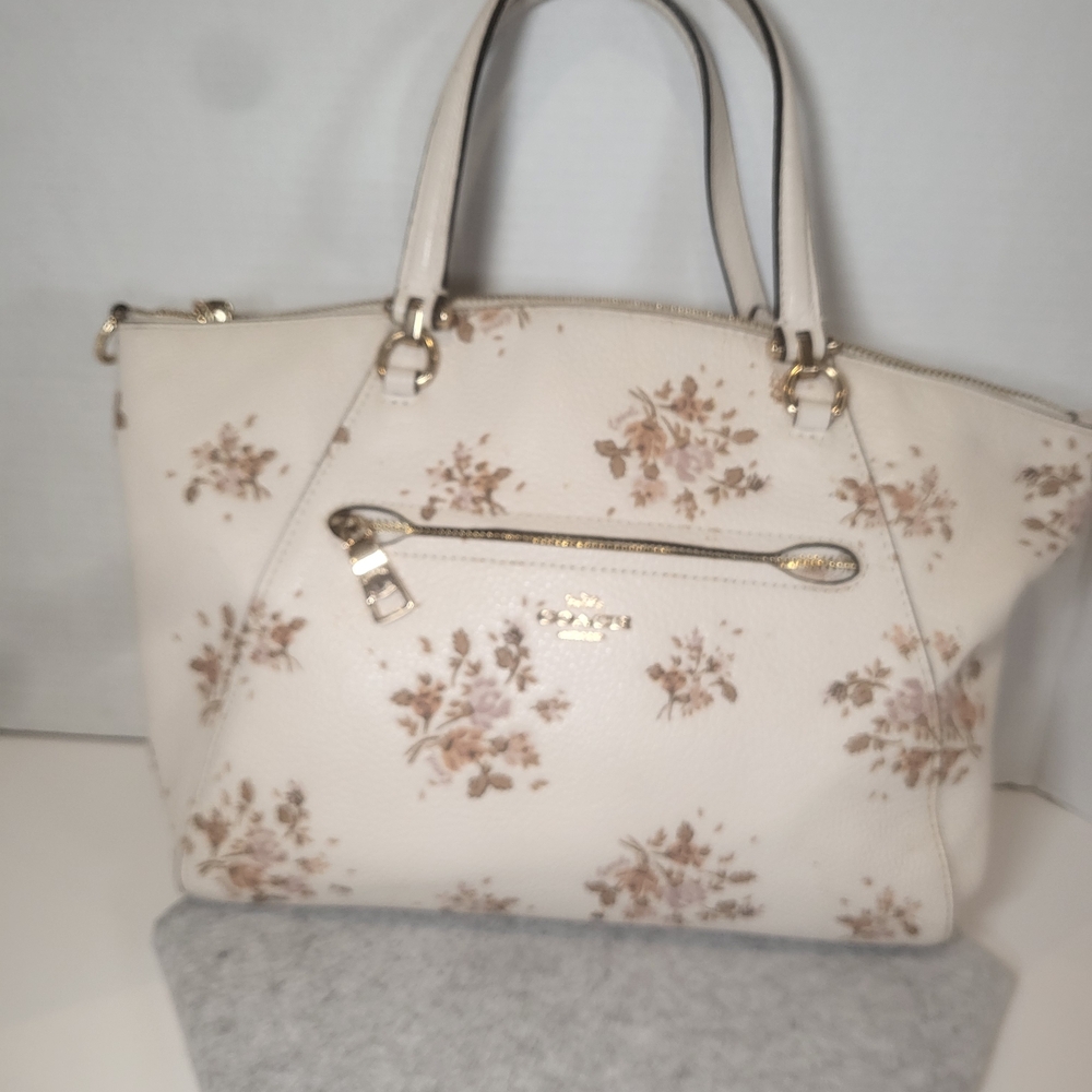 Coach Cream Pebbled Leather Satchel with Tan Floral Print - Picture 2 of 7